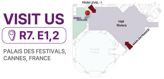 Visit us at R7. E1,2 — Palais des Festivals, Cannes, France. Map showing Korea Pavilion location.